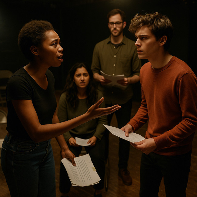 Actors rehearsing scene study in a budget-friendly studio