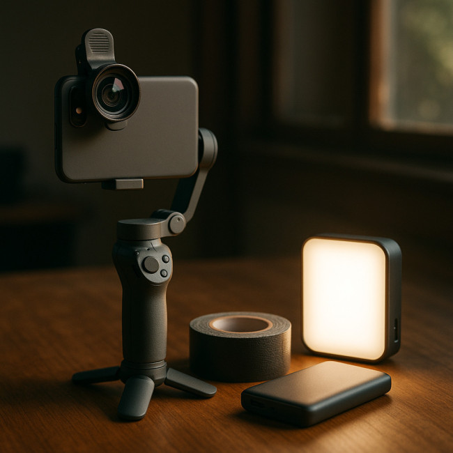 Affordable smartphone videography gear on small desk