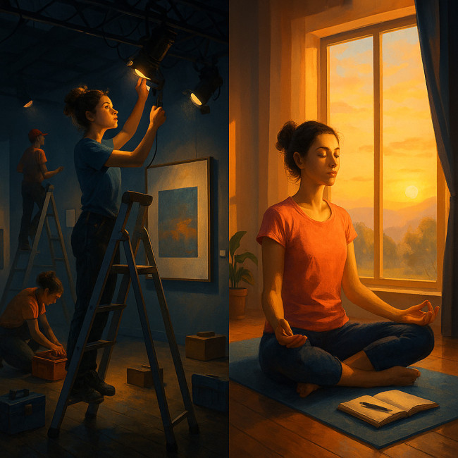 Visual metaphor of balancing intense exhibit work with self-care