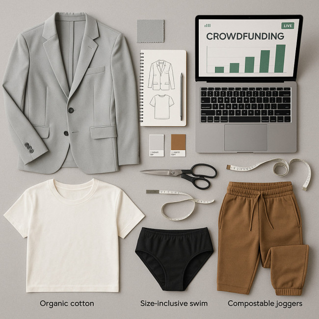 Flat lay of capsule collection prototypes and crowdfunding dashboard