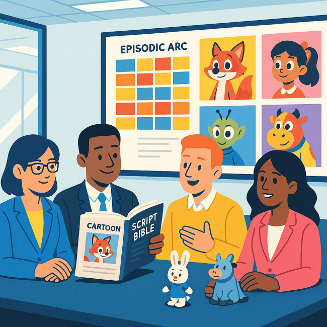 Cartoon bible licensing meeting illustration