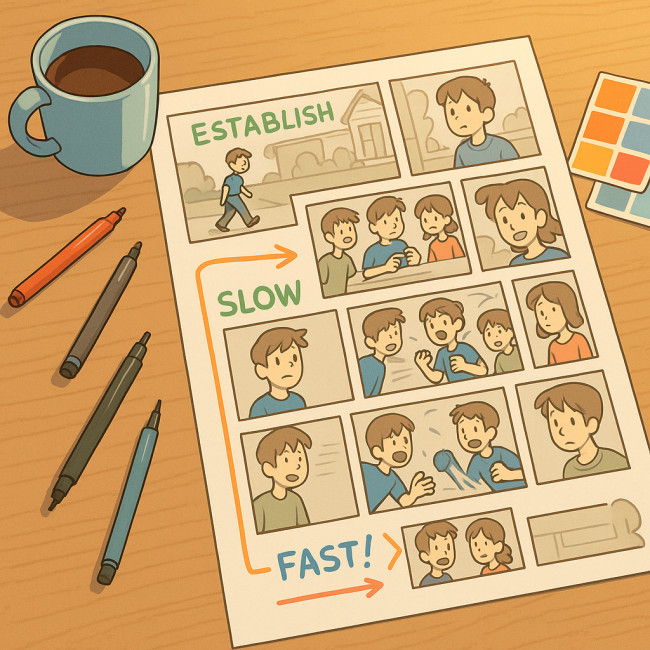 comic storyboard showing pacing sprint concept