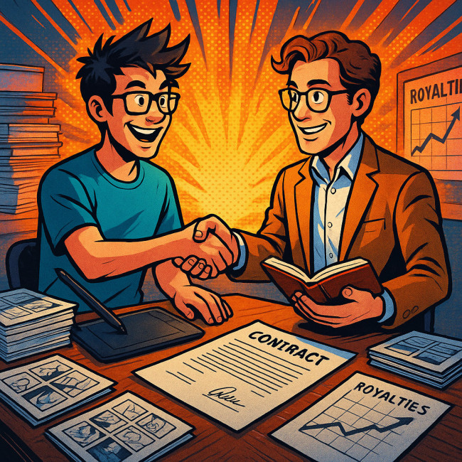 Cartoonist and writer sealing a co-writing deal
