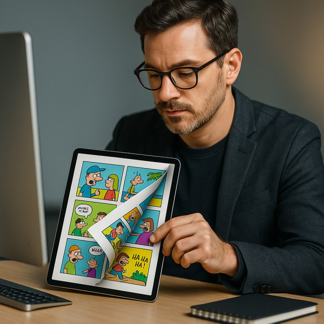 Art director reviewing cartoonist page-flip PDF