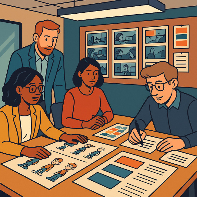 Agency team reviewing cartoonist style guide materials