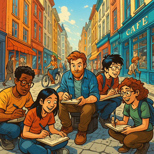 Cartoonists sketch on busy city street during an urban sketch crawl