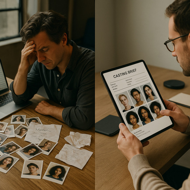 Chaotic casting set next to organised digital template