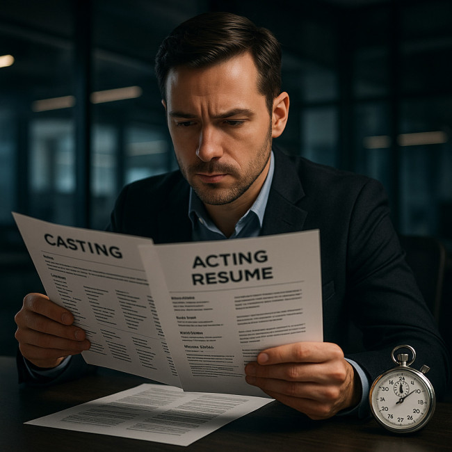 Casting director skimming a two-page acting résumé