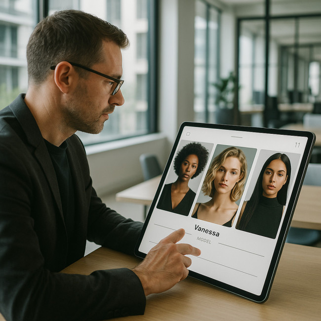 Casting director swiping female model profiles on tablet