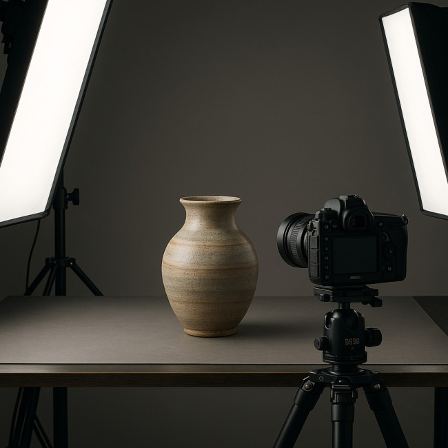 Ceramic vase lit by diffused strip lights in a studio
