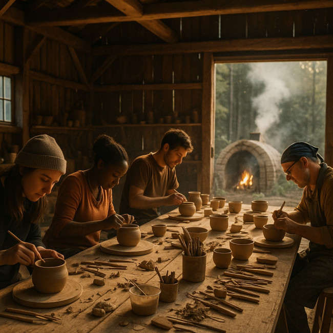 Ceramists working in a rural kiln residency