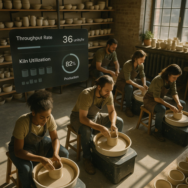 Ceramic studio with holographic production metrics