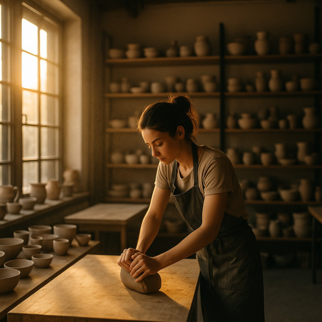 studio assistant wedging clay in sunlit ceramics workshop