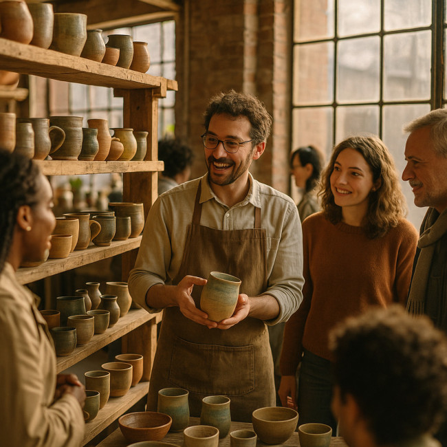 Ceramist engaging visitors at open studio event