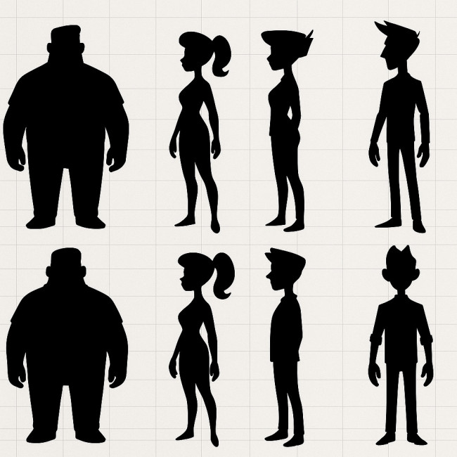 silhouette lineup of three character turnarounds