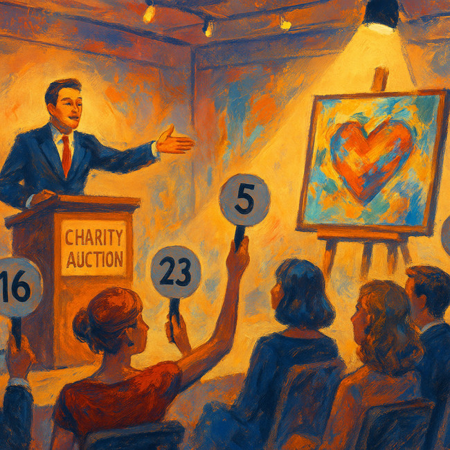 charity art auction scene with bidders and auctioneer