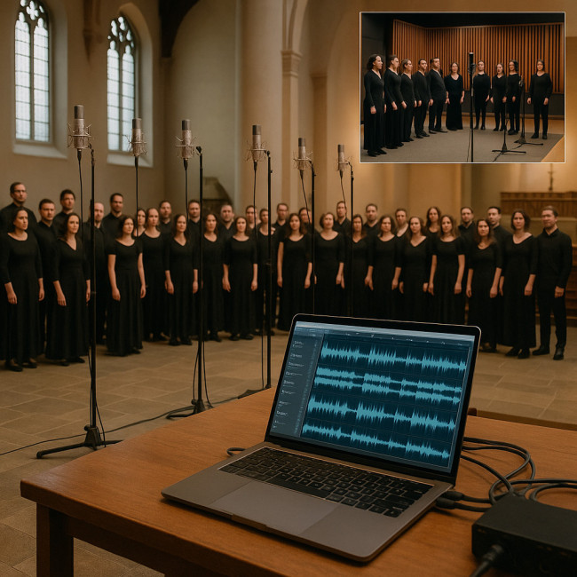Choir recording in church contrasted with studio setup