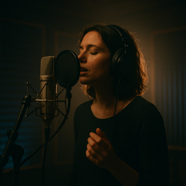 Soundtrack singer recording in professional studio