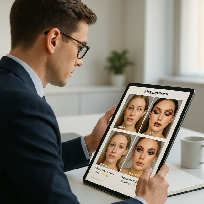 recruiter viewing makeup artist reviews on tablet
