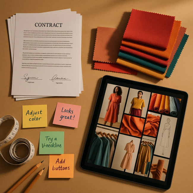 workspace showing contracts, fabric swatches and digital trend board