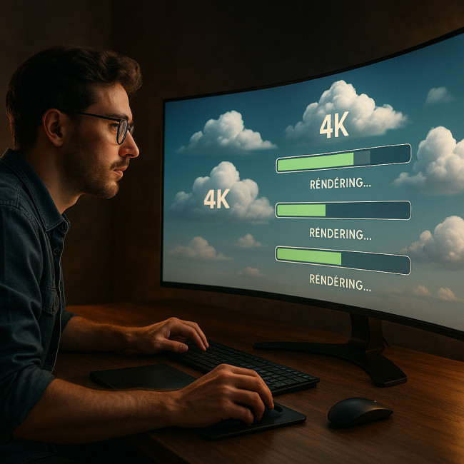 Artist monitoring 4K cloud render progress on multiple screens