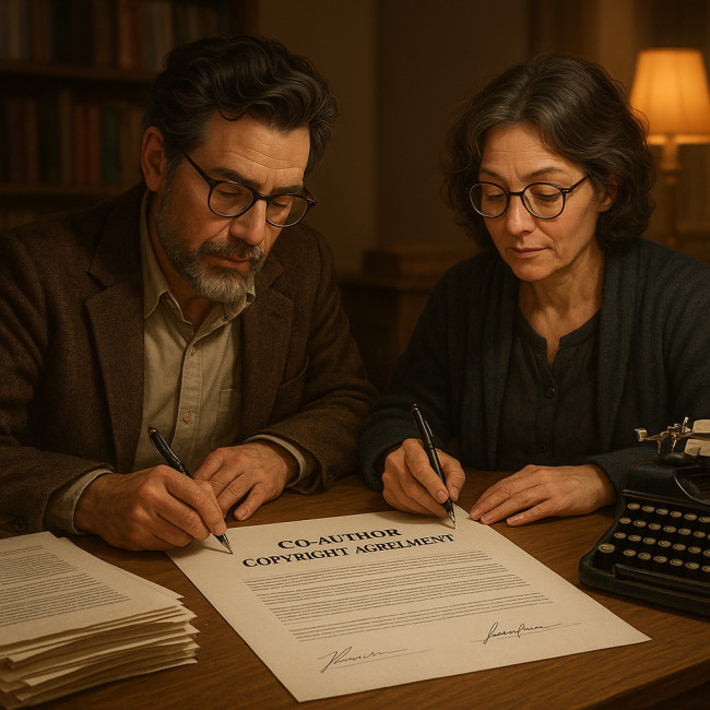 Two authors sign a co-author copyright agreement at a desk