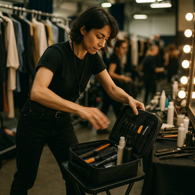 Coiffeur setting up kit backstage