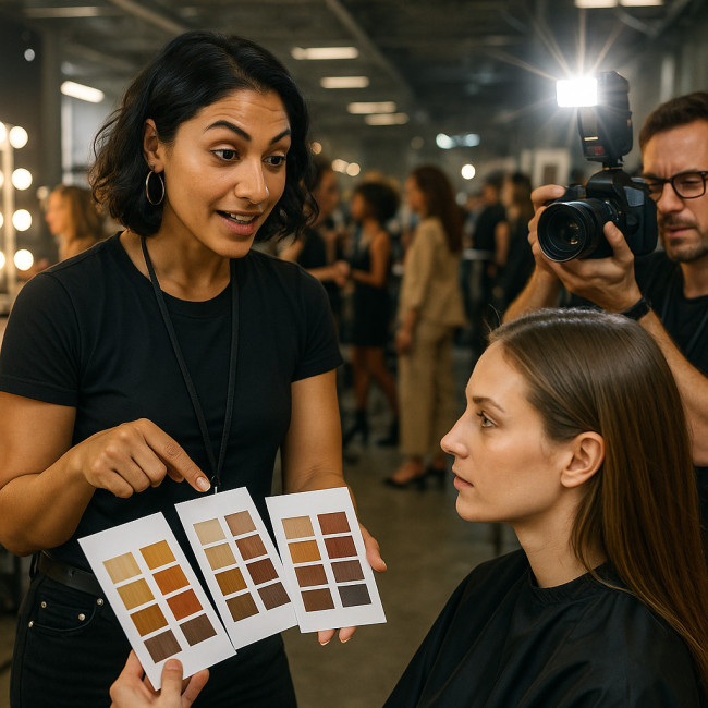 stylist presents color palettes backstage