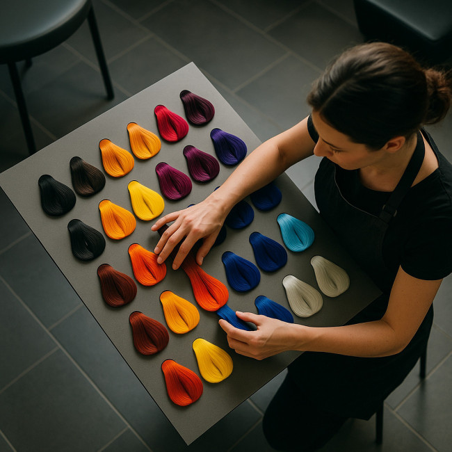 hairdresser arranges color swatches