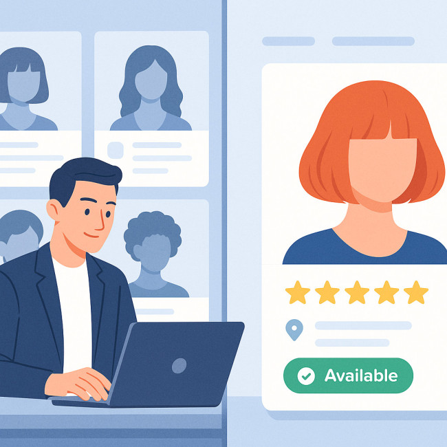 split-screen showing recruiter selecting standout hair stylist profile