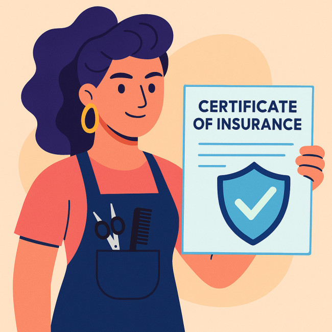 Hair stylist holding certificate of insurance illustration