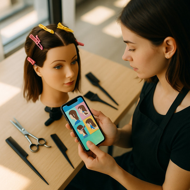 Hairdresser uses phone learning app beside mannequin head