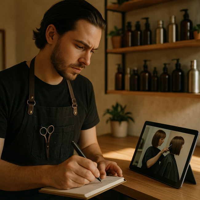 hairstylist taking notes from online lesson