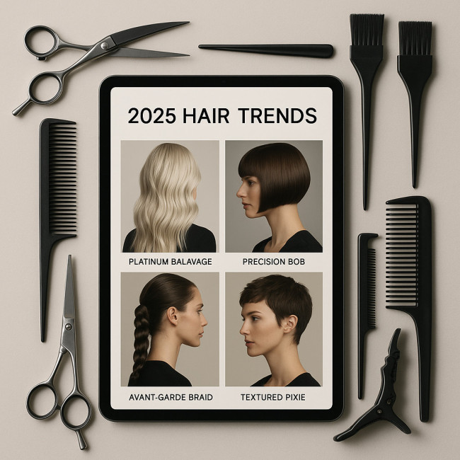 Digital tablet showing 2025 coiffeur portfolio grid