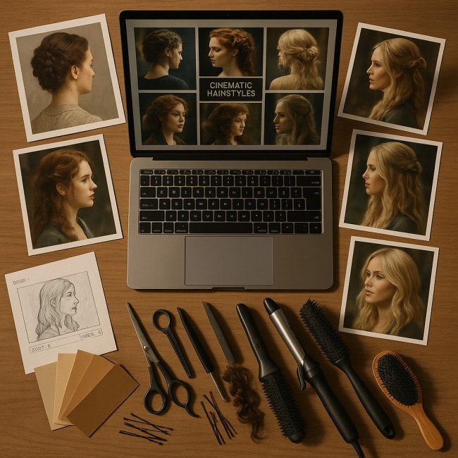 Creative workspace with digital moodboard and hair tools