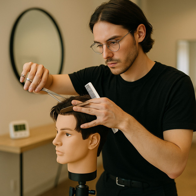 hairstylist practising scissor and razor control on a mannequin