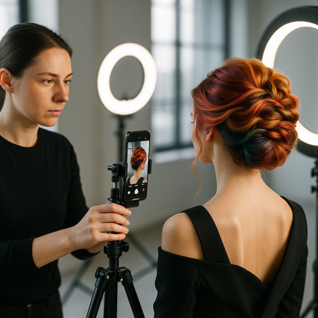 Hairstylist photographing model's updo in studio