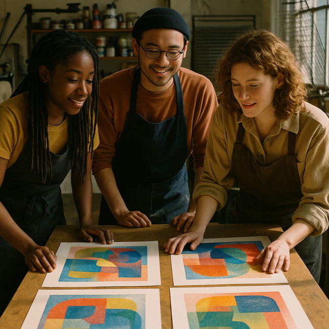 Printmakers reviewing limited-edition portfolio in studio