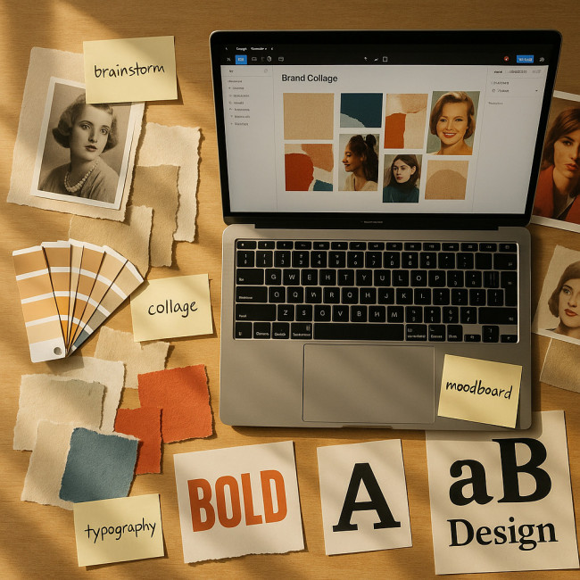 Overhead view of a mood board in progress with collage materials