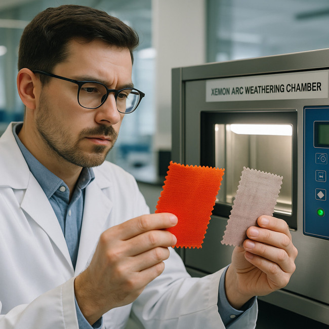Technician comparing fabric swatches in fade test lab