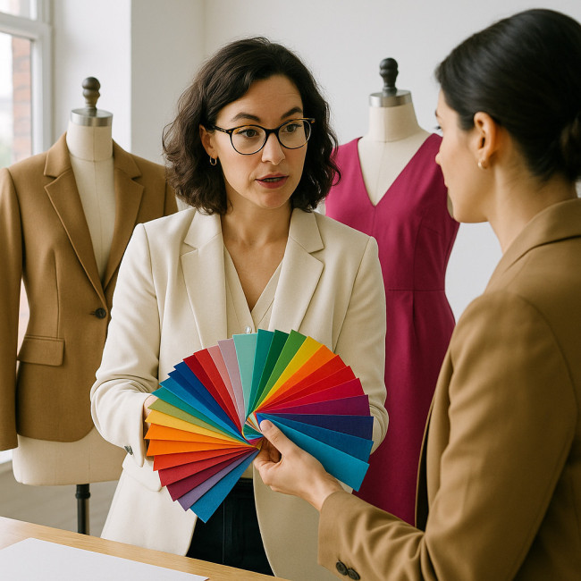 Consultant reviewing garment colours during a studio audit