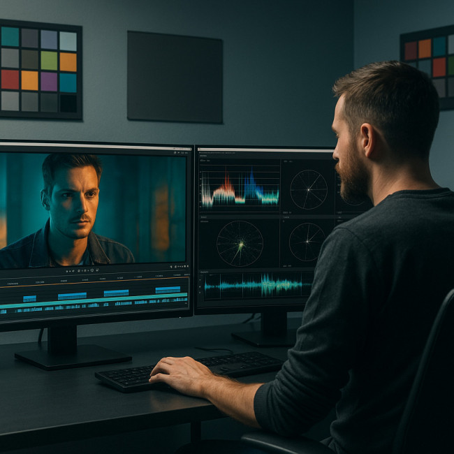 photographer grading footage on calibrated monitors