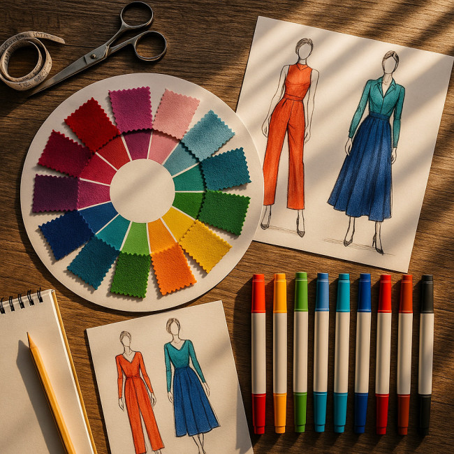Overhead view of garment sketches and colour swatches forming a palette wheel