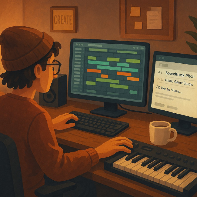 Composer crafting a game music pitch