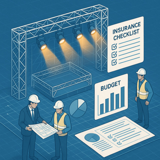 Concert stage blueprint with insurance checklist