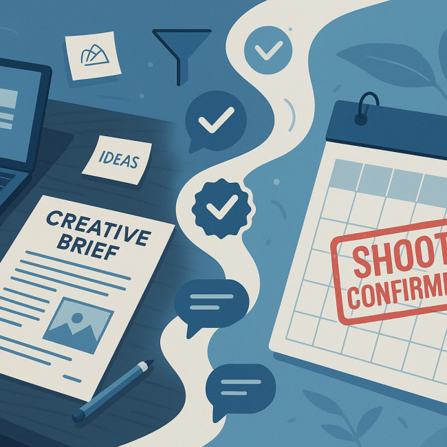 Artwork showing transformation from brief to confirmed photo shoot via online directory
