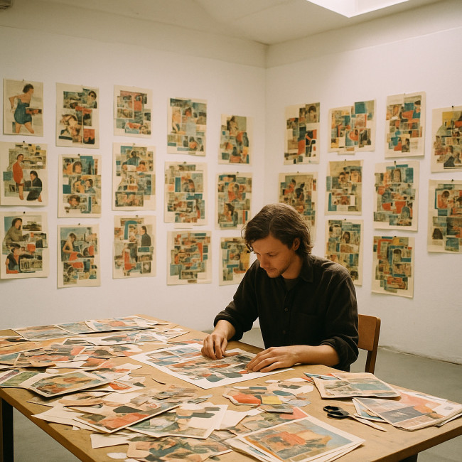 Collage artist in residency studio