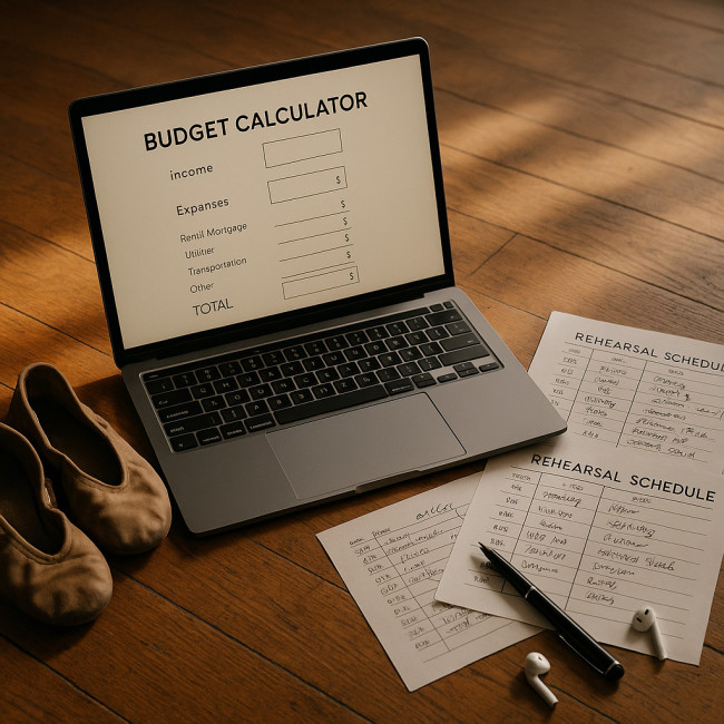 Laptop with budget calculator and dance shoes