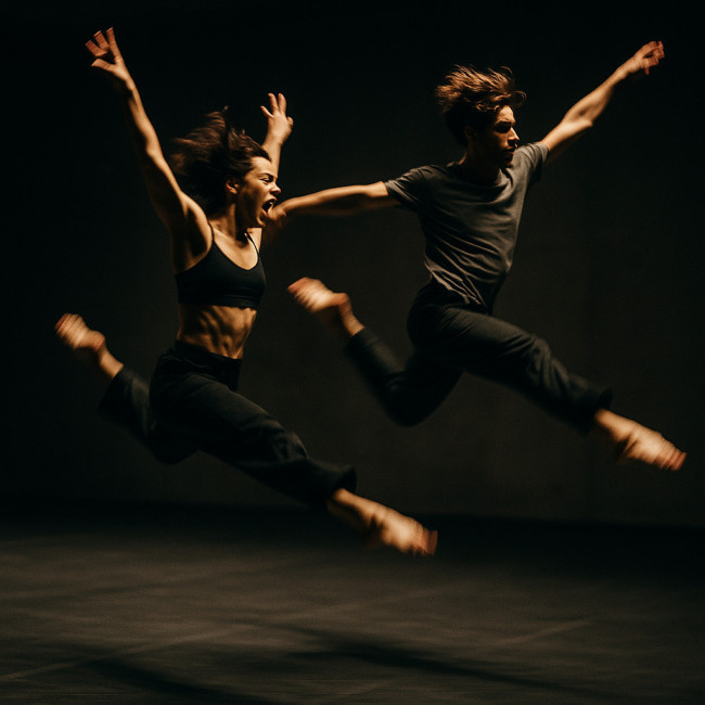 Two contemporary dancers performing expressive movement on stage