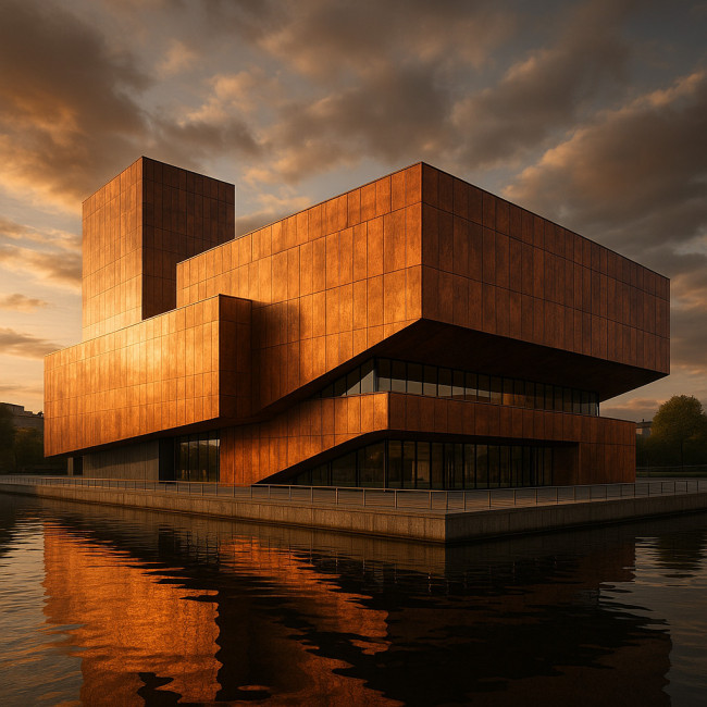 Golden hour sun grazing copper museum façade